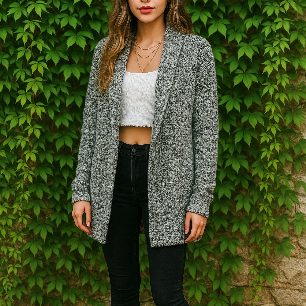 JOIE Solone Chunky Knit Gray Sparkle Tweed Solone Open Cardigan, XS